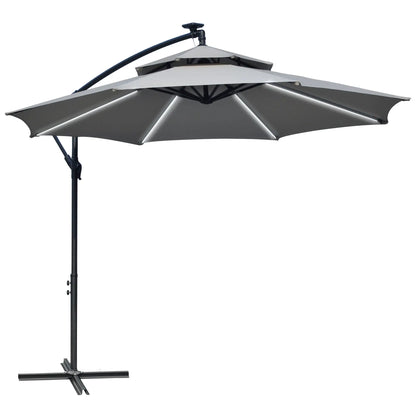 10FT Solar Cantilever Patio Umbrella with Lights, Crank, Cross Base, Light Grey Cantilever Umbrellas at Gallery Canada