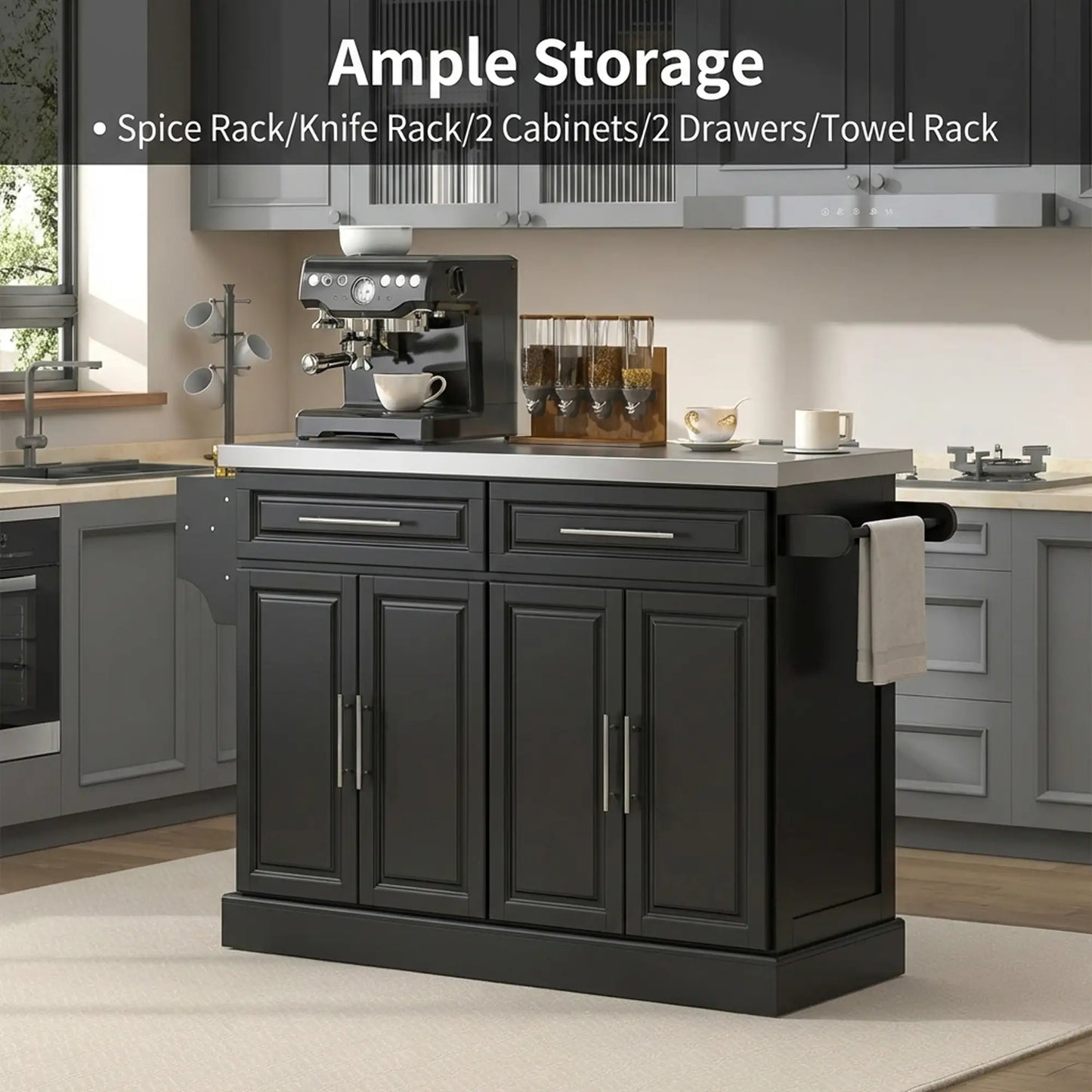 Rolling Kitchen Island with Storage and Stainless Steel Top, Kitchen Trolley with Drawers, Cabinets, Towel Rack Kitchen Islands & Kitchen Carts at Gallery Canada