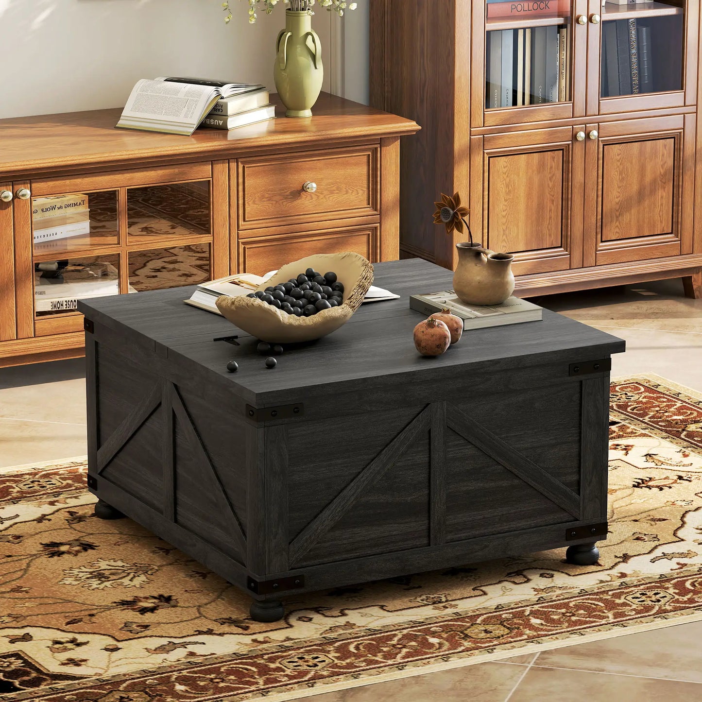 Lift Top Coffee Table, 32" Farmhouse Style, Hidden Compartment, Black Wood Grain, Black