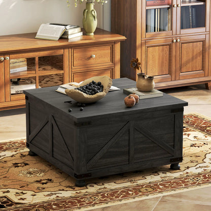 Lift Top Coffee Table, 32" Farmhouse Style, Hidden Compartment, Black Wood Grain, Black