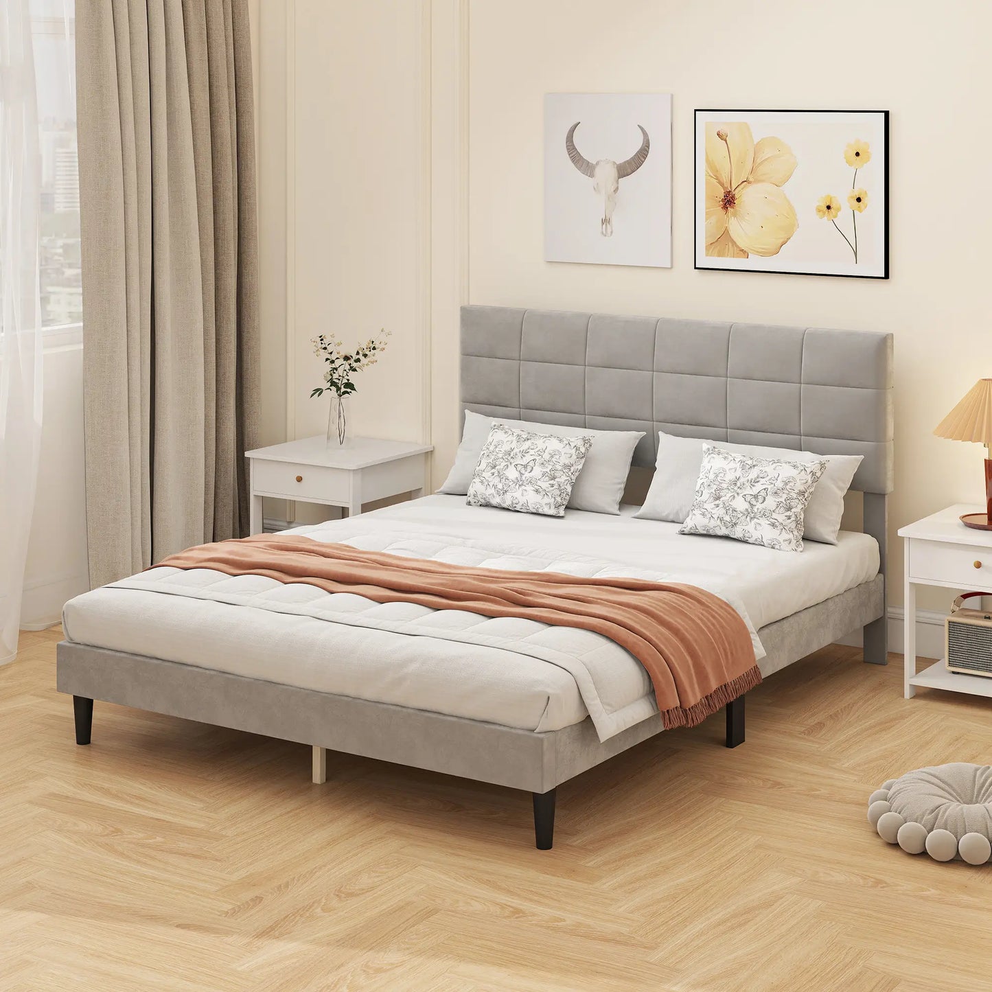 Queen Size Bed Frame, Upholstered Headboard, Wood Slats, 1100 lbs, Grey Bed Frames at Gallery Canada