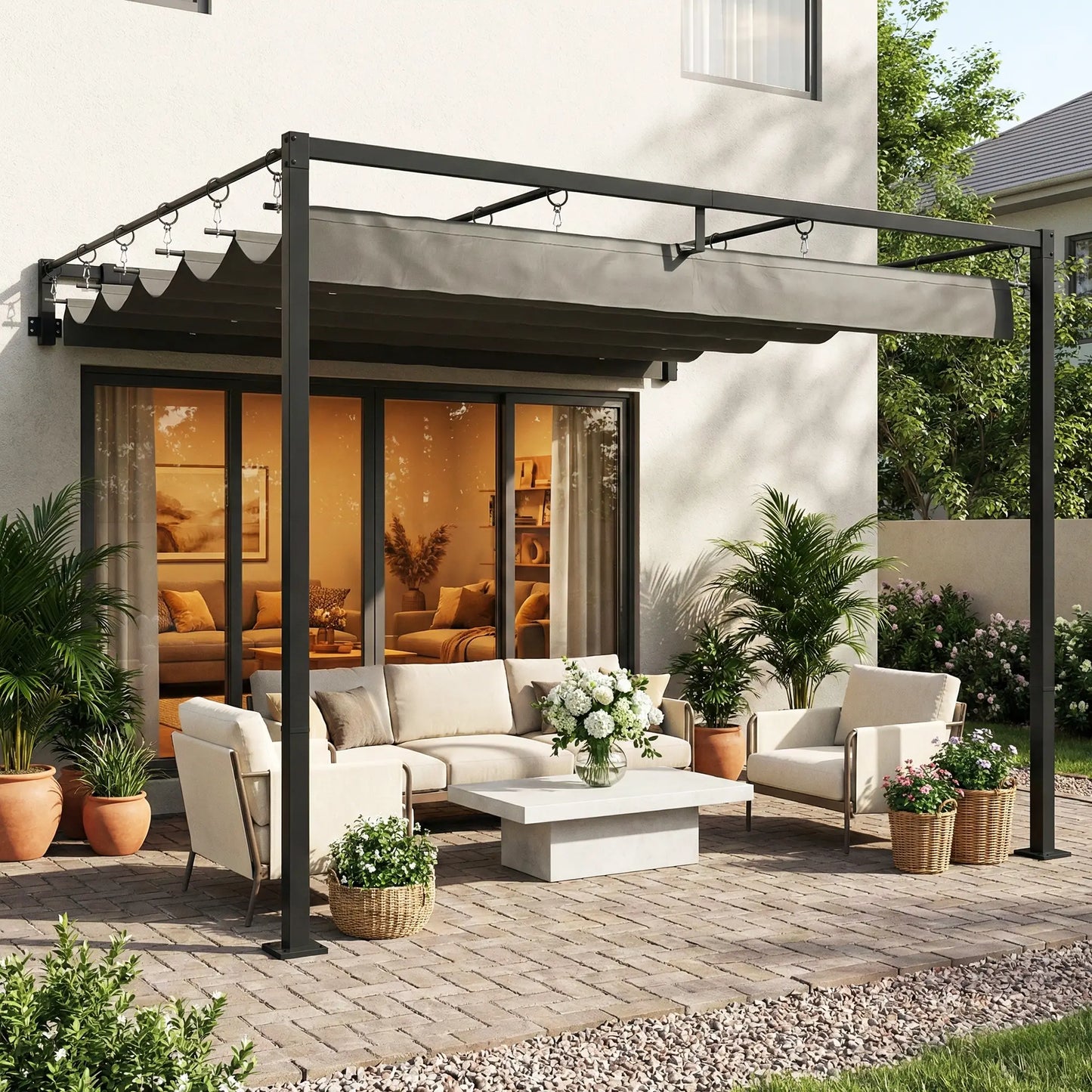 10' x 10' Retractable Pergola Canopy, Wall Mounted, Dark Grey Pergolas at Gallery Canada