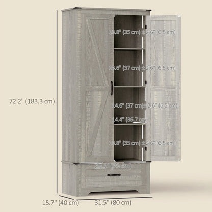 72" Farmhouse Pantry Cabinet, Adjustable Shelves, 2 Doors, Distressed, Light Grey Storage Cabinets at Gallery Canada
