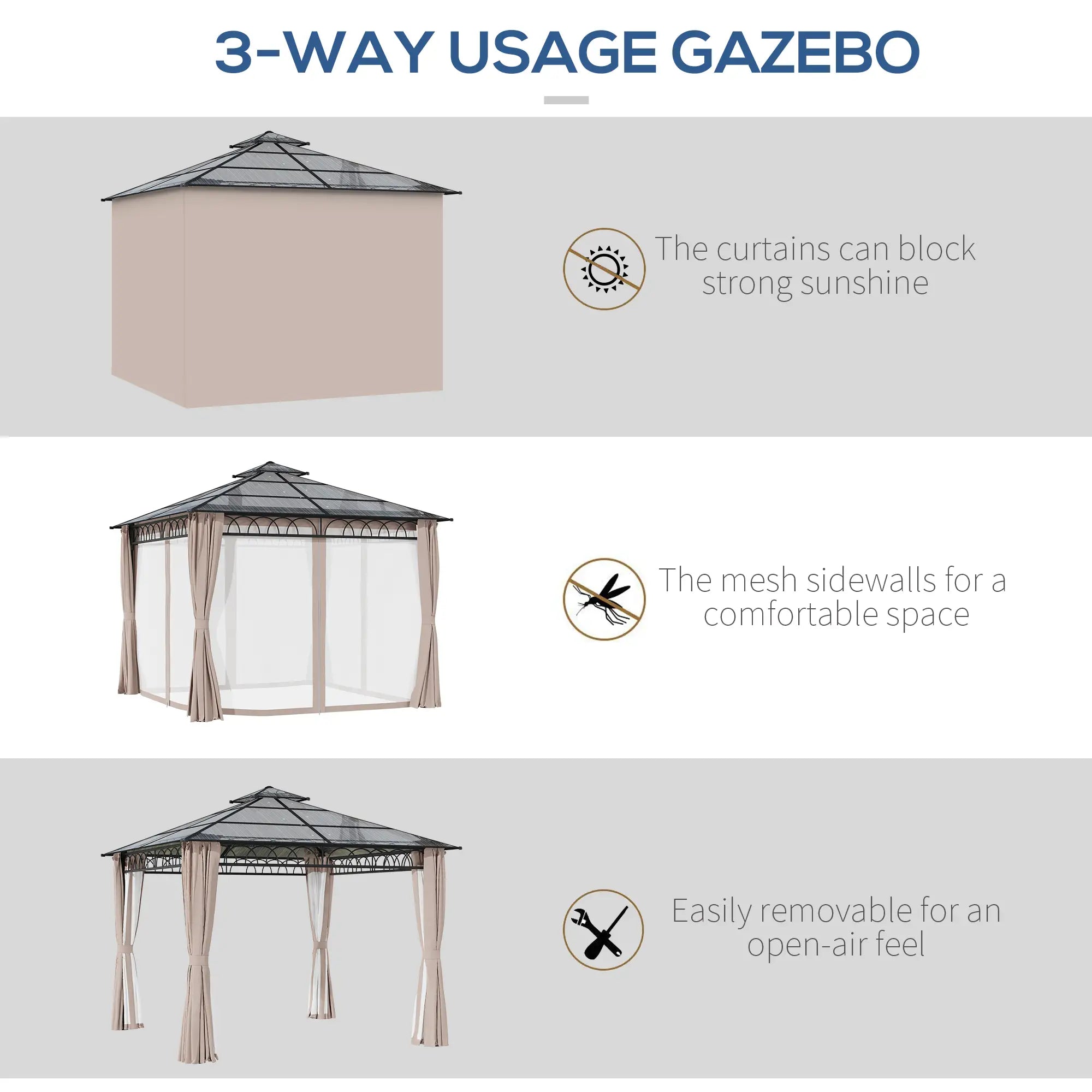 9' x 10' Outdoor Hardtop Gazebo, Steel Frame, Nettings, Curtains, Khaki Gazebos at Gallery Canada