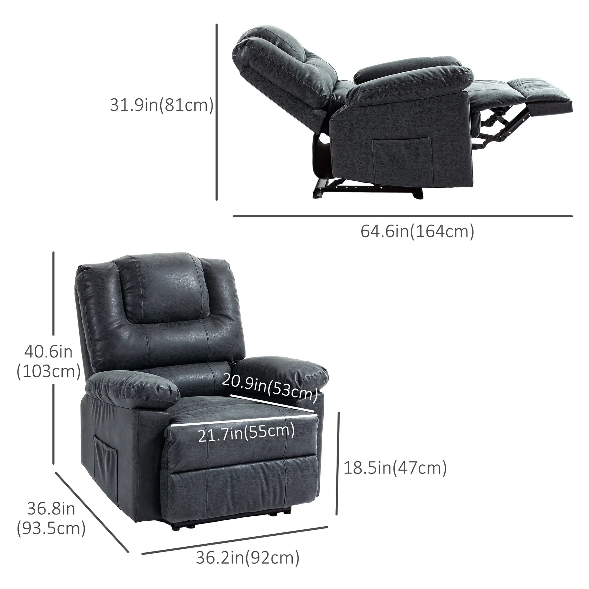 PU Leather Recliner Chair, Manual, Living Room, Footrest, Side Pockets, Steel Frame, Black Single Sofas at Gallery Canada