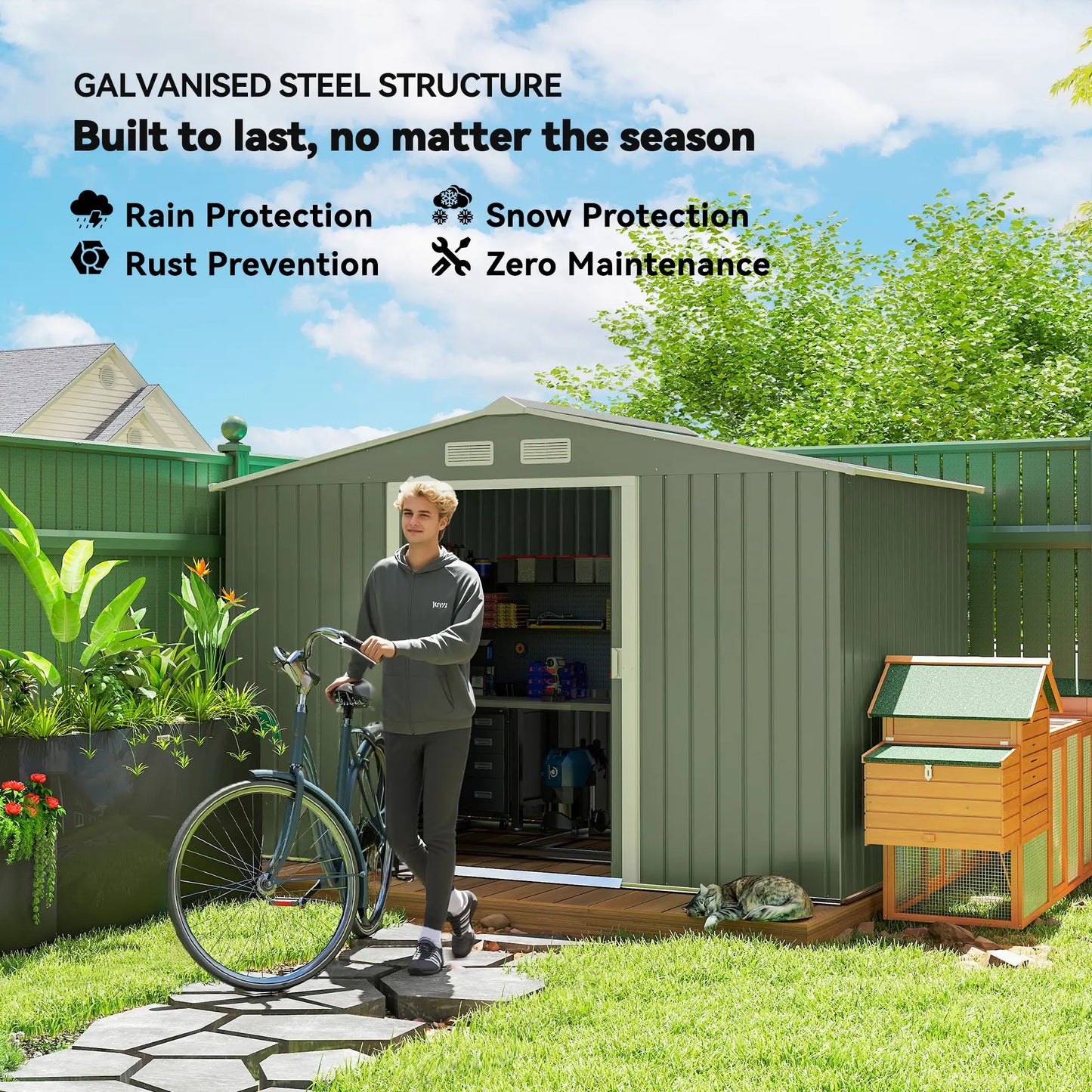 9.1'x6.4'x6.3' Garden Storage Shed, Foundation Kit, Double Doors, Light Green Sheds at Gallery Canada
