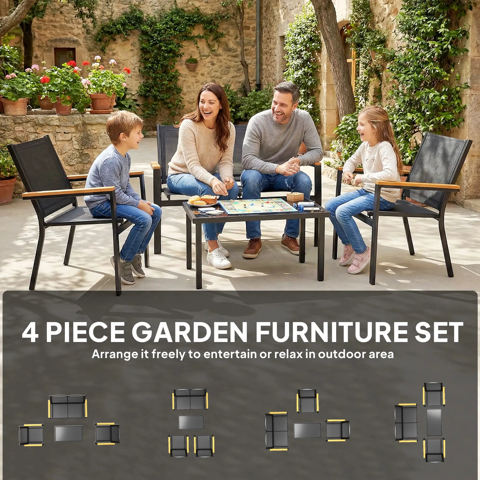 4 Piece Patio Furniture Set, Tempered Glass Tabletop, Black Patio Furniture Sets at Gallery Canada