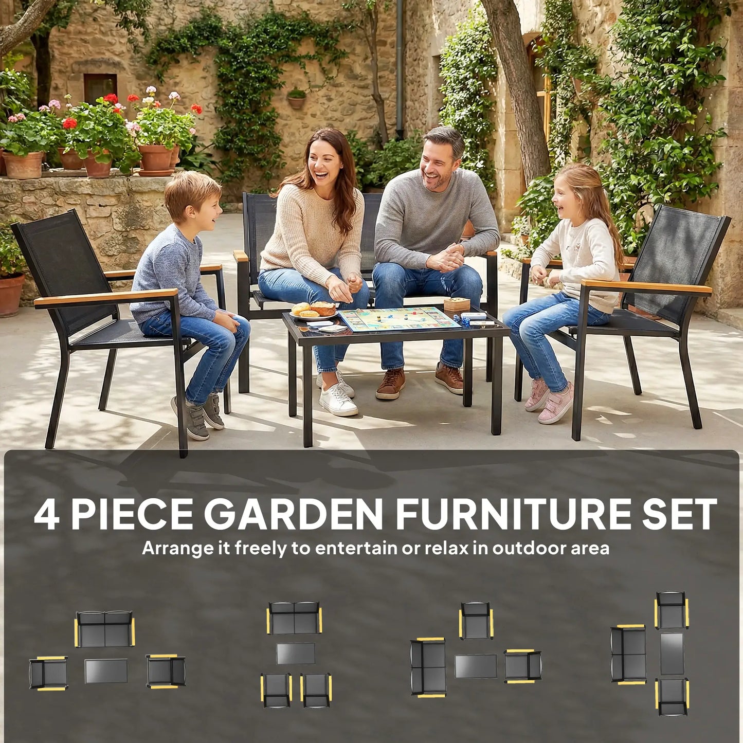 4 Piece Patio Furniture Set, Tempered Glass Tabletop, Black Patio Furniture Sets at Gallery Canada