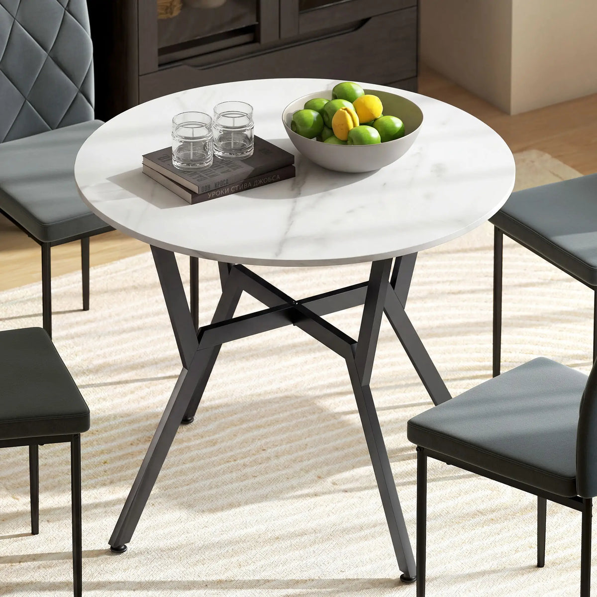 35" Round Dining Table, Modern Steel Frame, White Marble, White Dining Tables at Gallery Canada