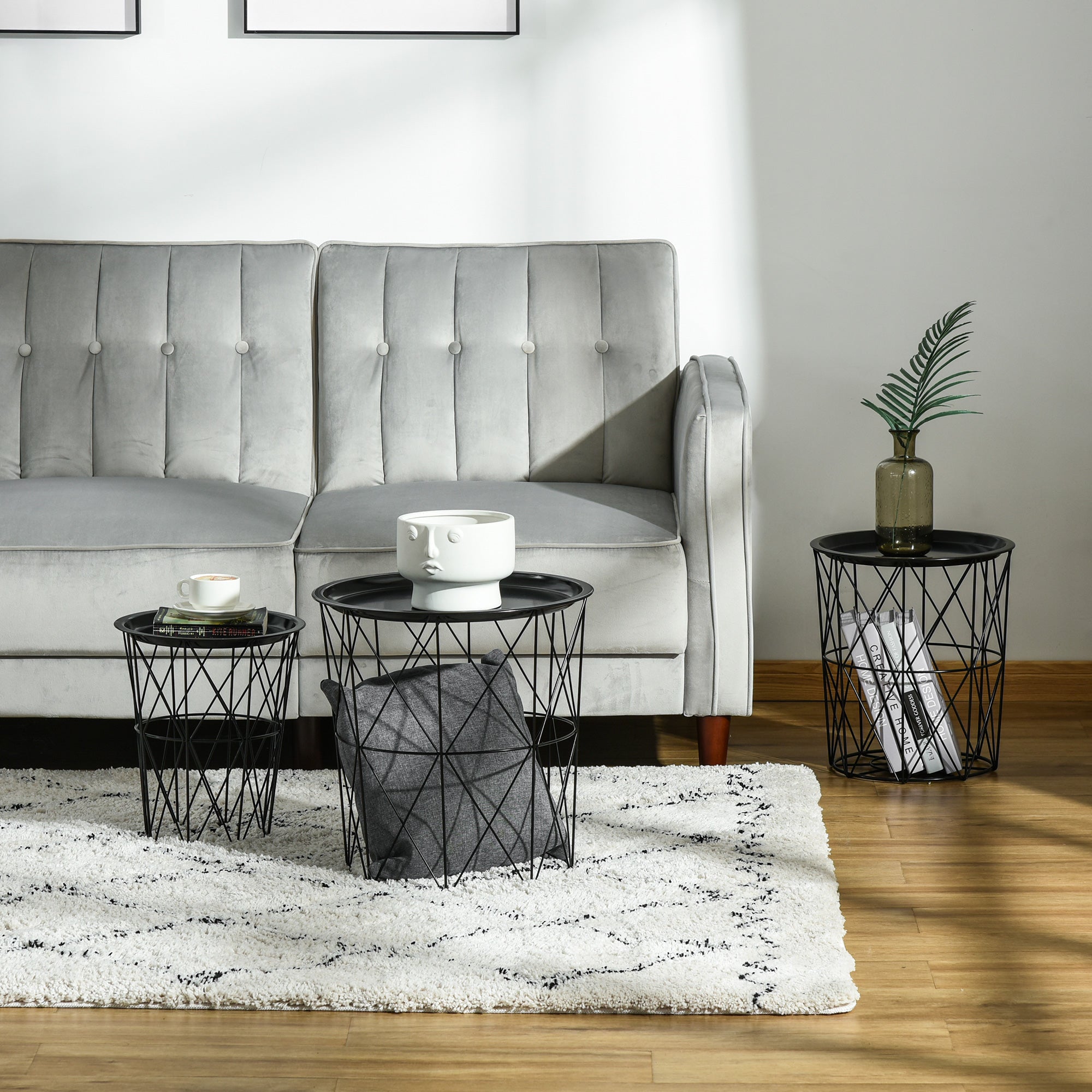 Set of 3 Nesting Coffee Tables with Storage, Round End Table with Removable Tray, Basket Side Tables with Metal Frame for Living Room, Black Side Tables at Gallery Canada