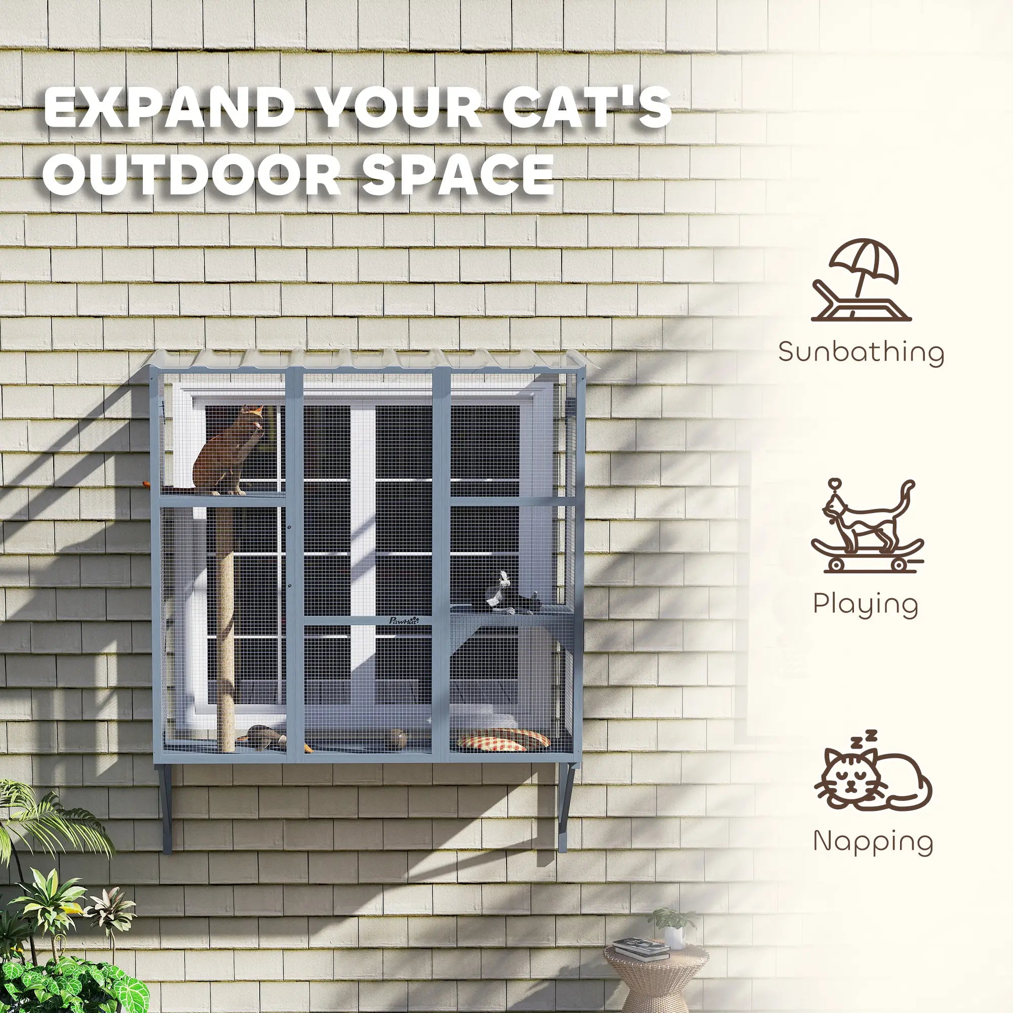 Wooden Catio Outdoor, Cat Window Box Enclosure for 2-3 Large Cats with 2 Jumping Platforms &; Scratching Post, Grey Outdoor Cat Enclosures at Gallery Canada
