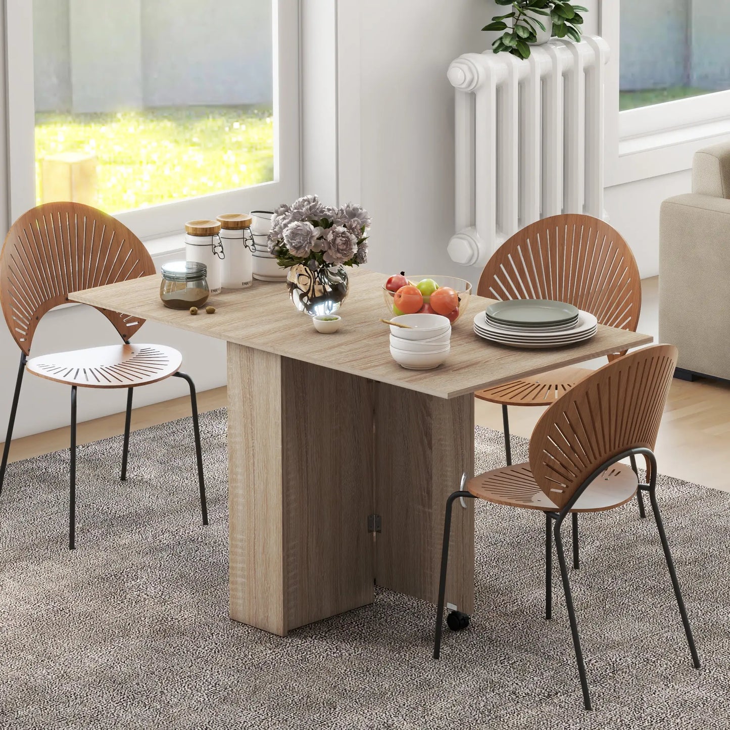 Extendable Dining Table, Collapsible w/ 2-Tier Shelves, Rolling Casters, Nature Wood Dining Tables at Gallery Canada