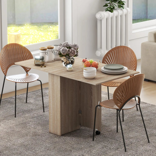 Extendable Dining Table, Collapsible w/ 2-Tier Shelves, Rolling Casters, Nature Wood