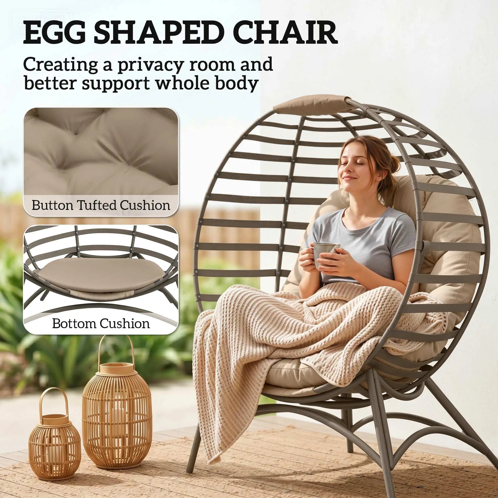 Egg Chair, Patio Lounge Chair, Foldable Basket Chair with Large Seat Cushion, Side Pocket, Sand Patio Chairs at Gallery Canada