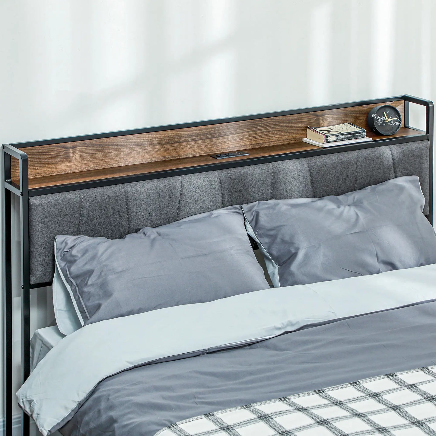 Queen Size Bed Frame, Upholstered Headboard, Storage Shelf, Walnut Bedroom Furniture at Gallery Canada