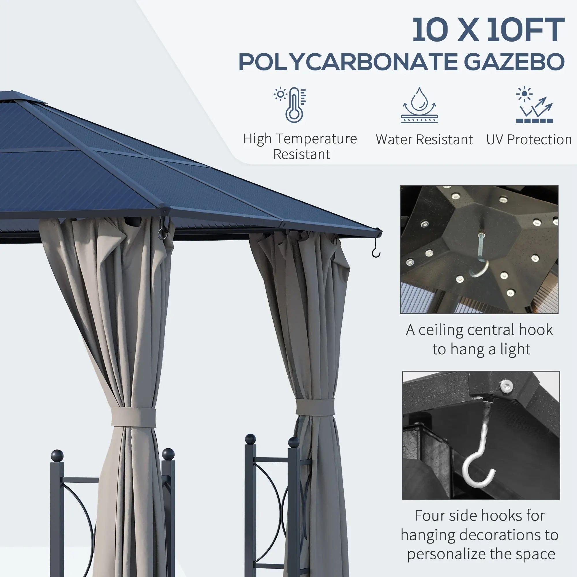 10' x 10' Hardtop Gazebo, PC Board Roof, Aluminum Frame, Black Gazebos at Gallery Canada