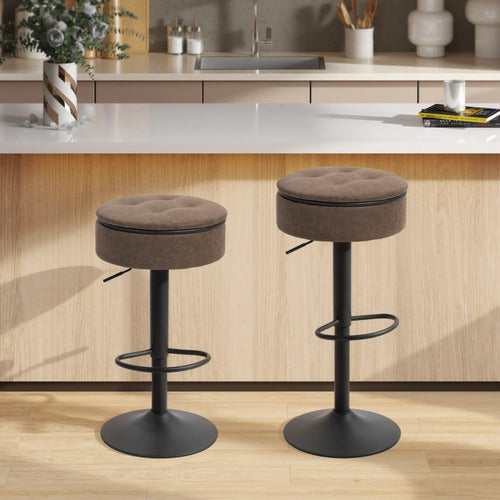 Set of 2 Barstools with Storage, Swivel, PU Leather, Footrest, Steel Base, Brown