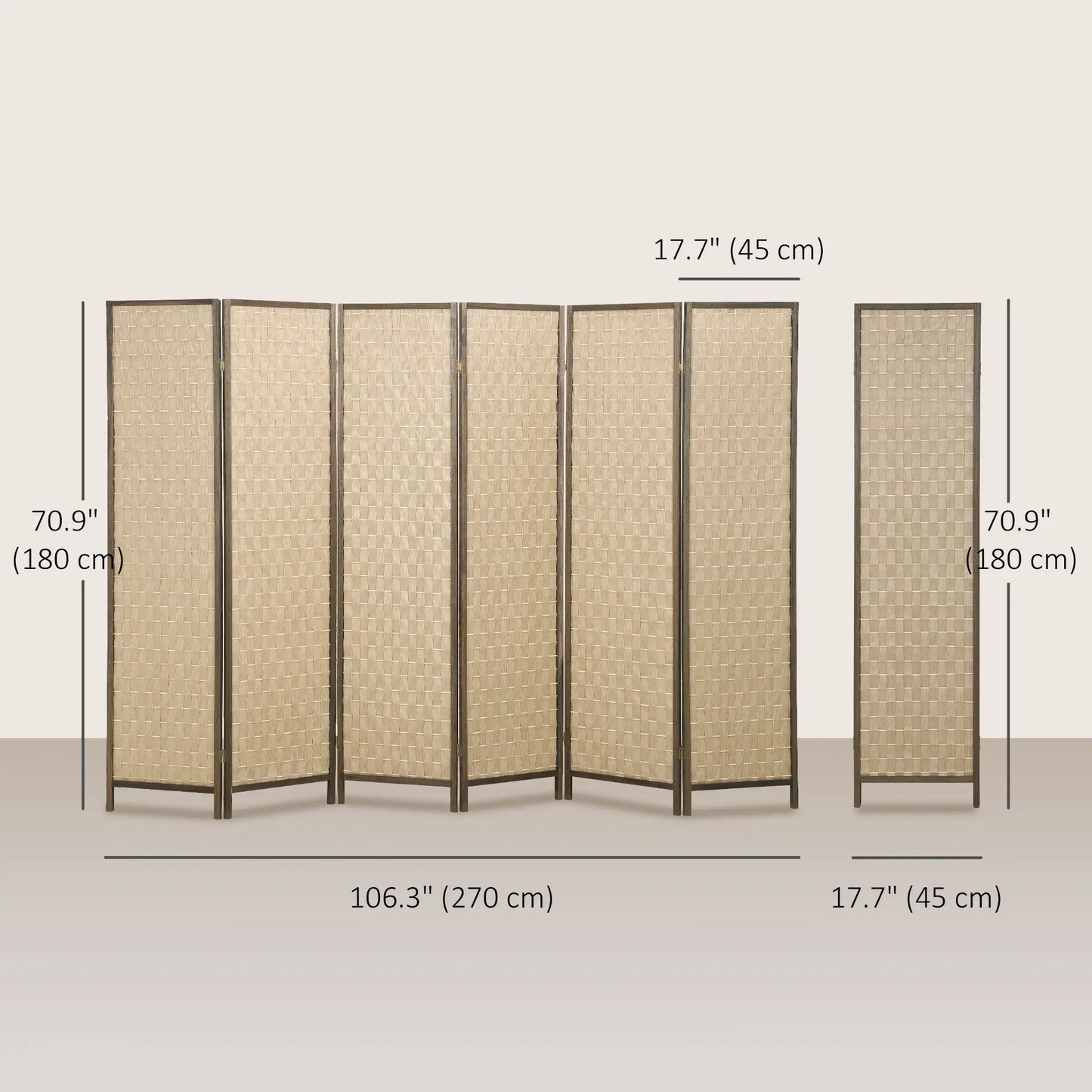 6 FT Room Divider, 6 Panel Folding Privacy Screen, Brown