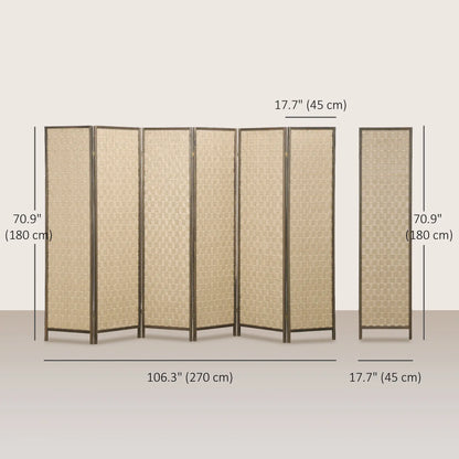 6 FT Room Divider, 6 Panel Folding Privacy Screen, Brown