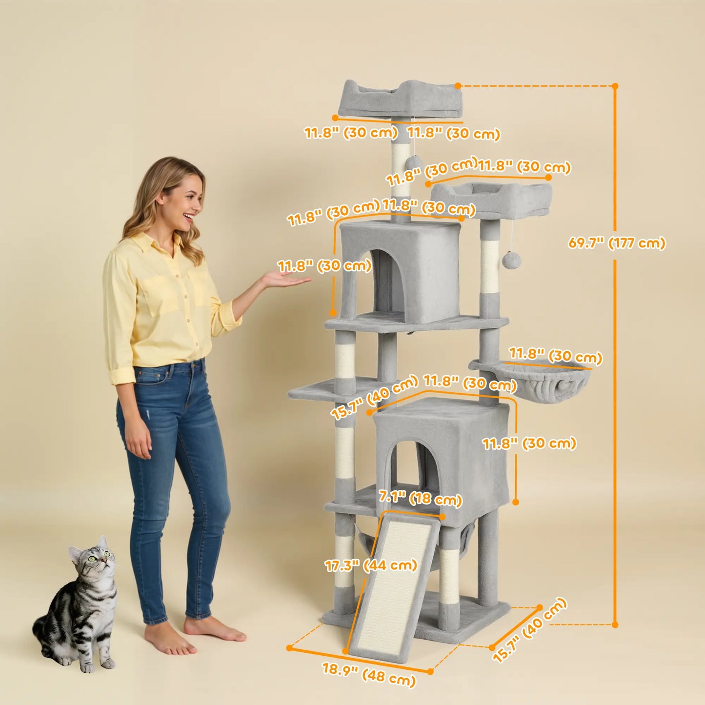 Cat Tree, 70 Inch Multi-Level Tower with Condos, Beds, Hammock, Light Grey Cat Towers at Gallery Canada