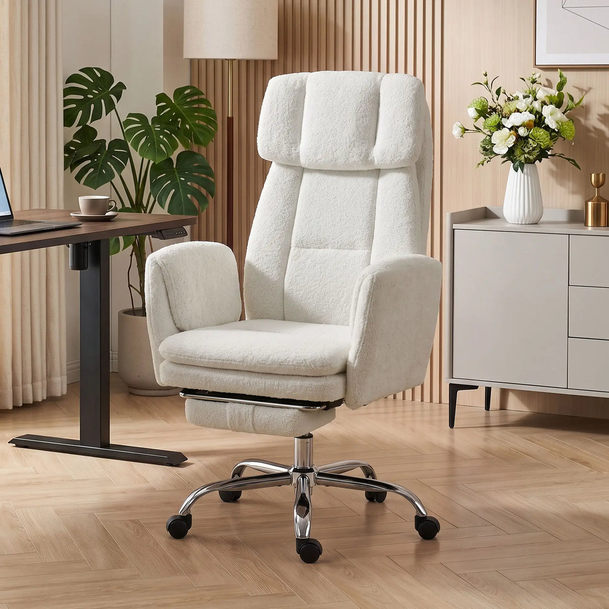 Big Tall Office Chair Flip Armrests Cross Legged 400 lbs, Cream
