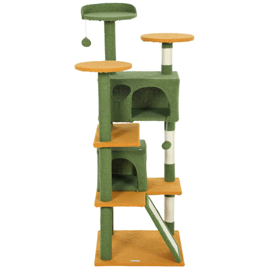 54" Cat Tree, Multi-Level Tower With Scratching Posts, Condos, Bed, Green