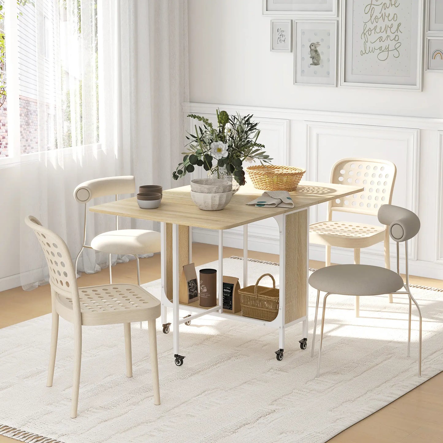 Folding Dining Table, Extendable Kitchen Table With Storage Shelf, Natural Wood Dining Tables at Gallery Canada
