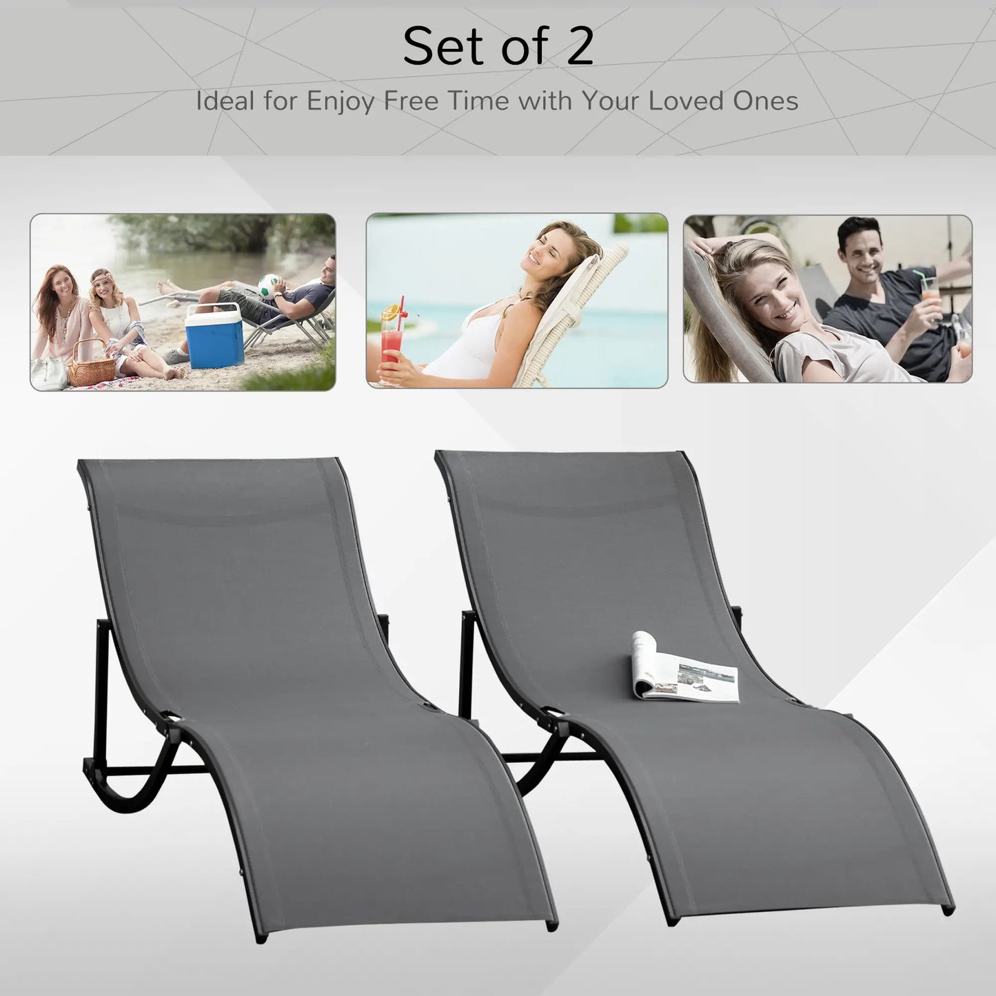 Foldable Pool Chaise Lounge Chairs, Set of 2, 264lbs Capacity, Dark Grey Lounger Chairs at Gallery Canada