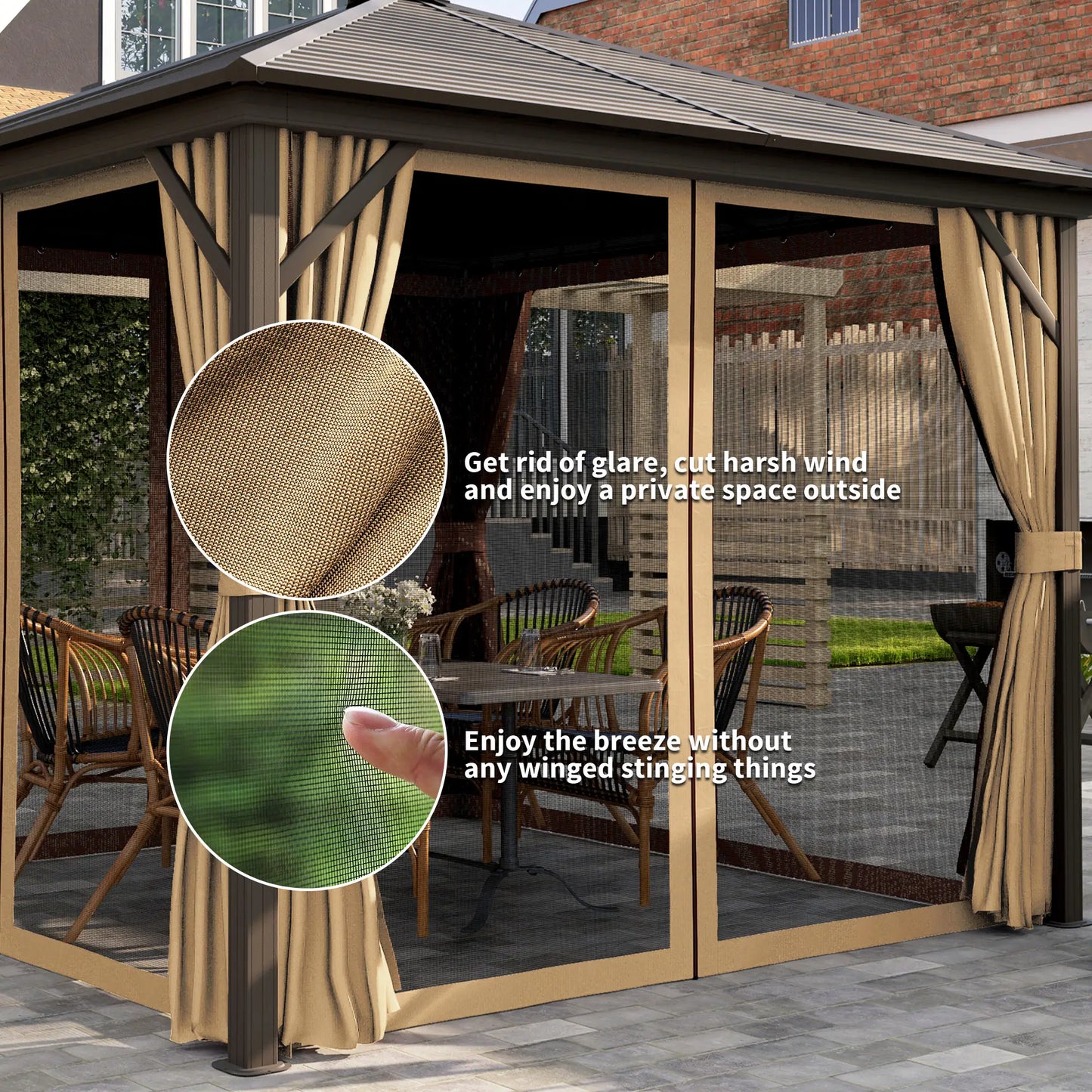 10' x 10' Hardtop Gazebo, Aluminum Canopy, Mosquito Netting, Curtains, Hanging Hook, Brown Gazebos at Gallery Canada