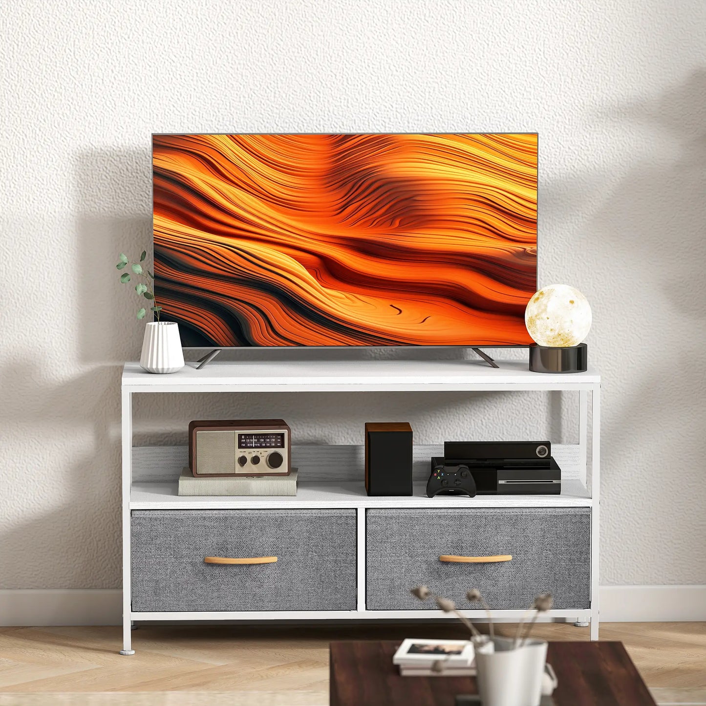 TV Stand with Charging Station, 2 Foldable Drawers, Open Shelf, 47 Inch, White TV Stands at Gallery Canada