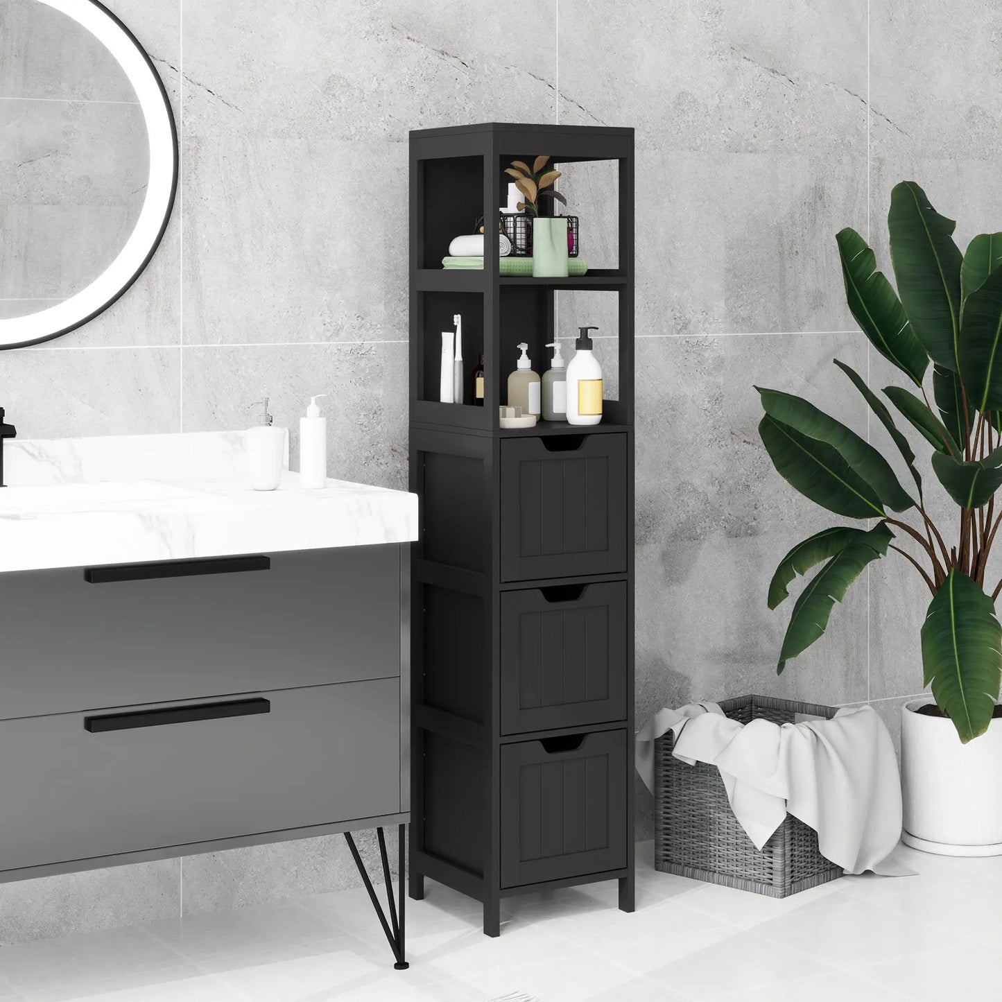 Narrow Bathroom Cabinet, 3 Drawers, 2 Tier Shelf, Tall Cupboard, Black Bathroom Cabinets at Gallery Canada