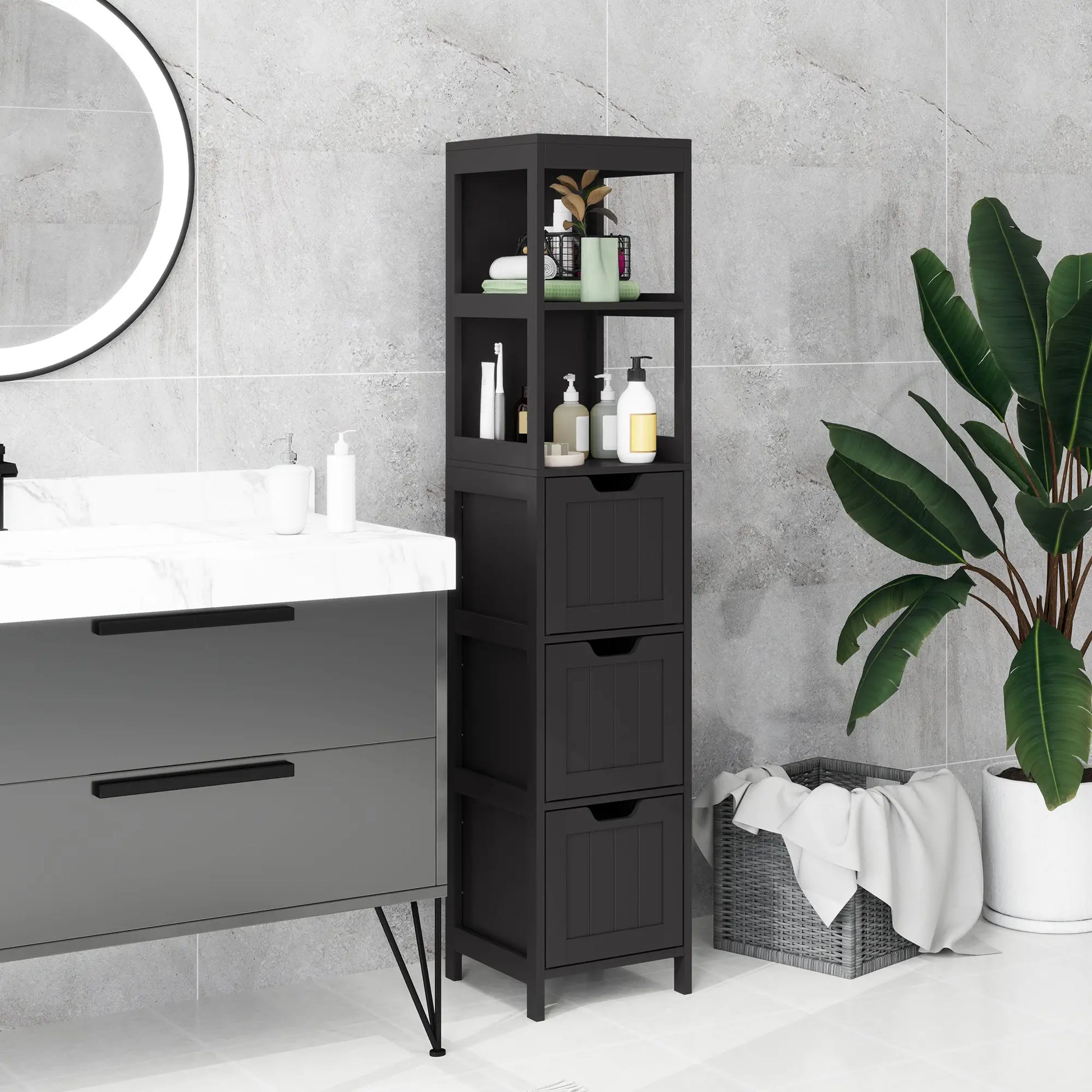 Narrow Bathroom Cabinet, 3 Drawers, 2 Tier Shelf, Tall Cupboard, Black Bathroom Cabinets at Gallery Canada