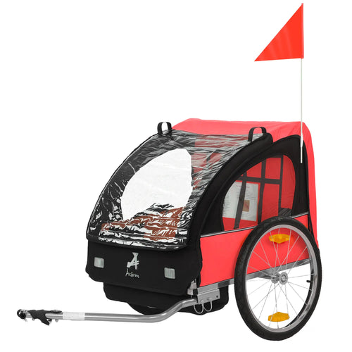 2-Seat Child Bike Trailer, Steel Frame, 5-Point Harness, Red