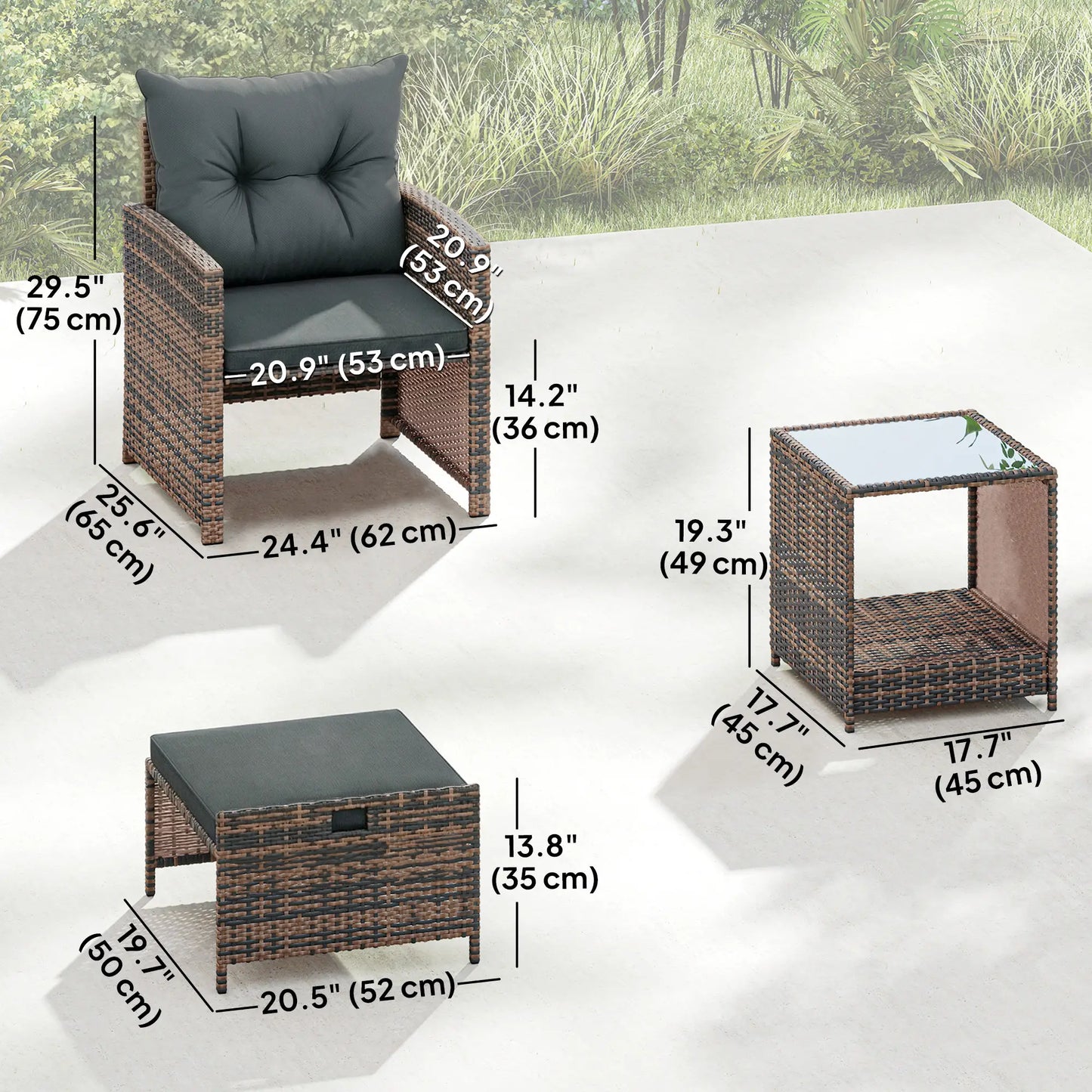 5 Piece Patio Furniture Set, Wicker Chairs, 2-Tier Glass Table, Brown/Dark Grey Patio Furniture Sets at Gallery Canada