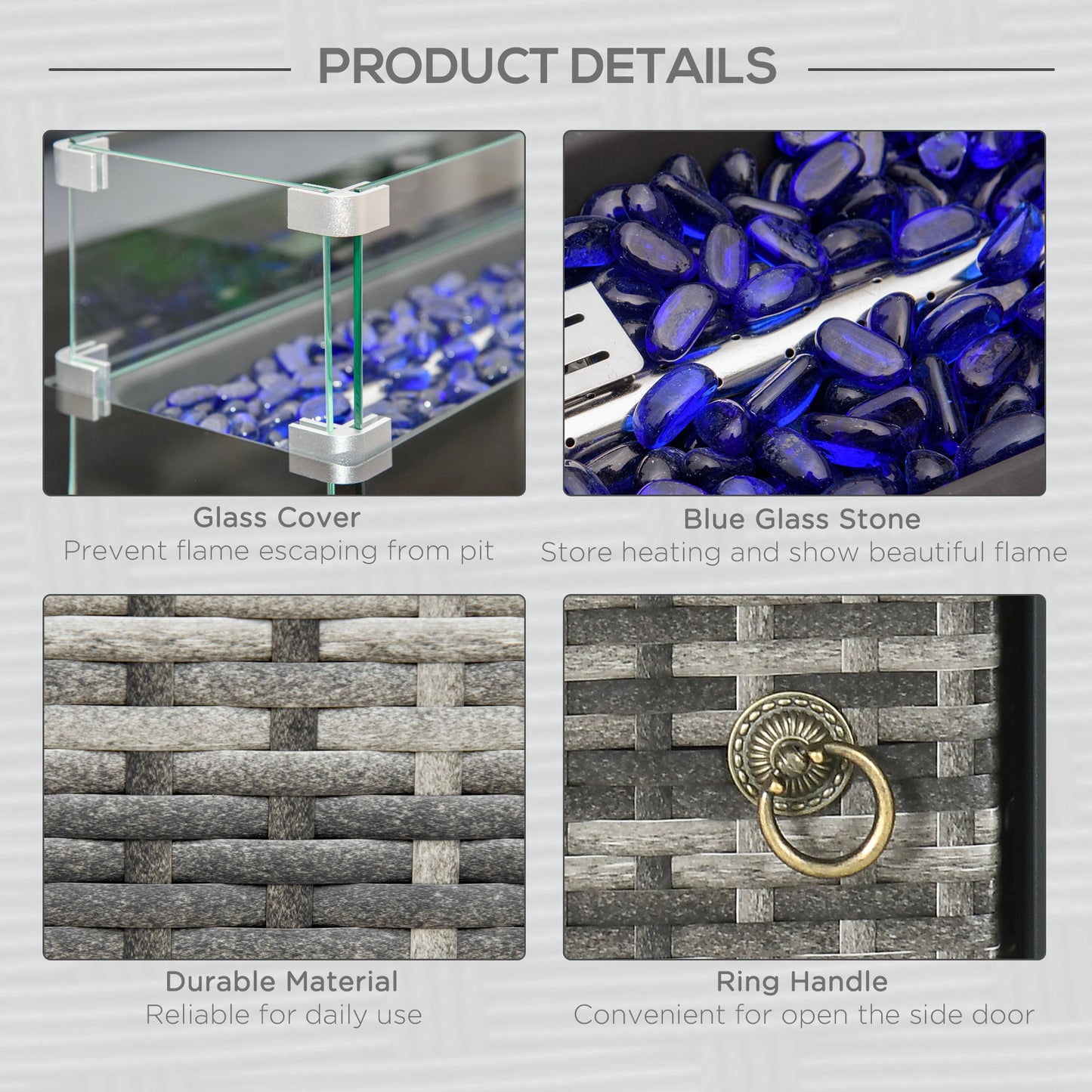 43" Propane Fire Pit Table, 50,000 BTU, Blue Glass Rock, Grey Fire Pits at Gallery Canada