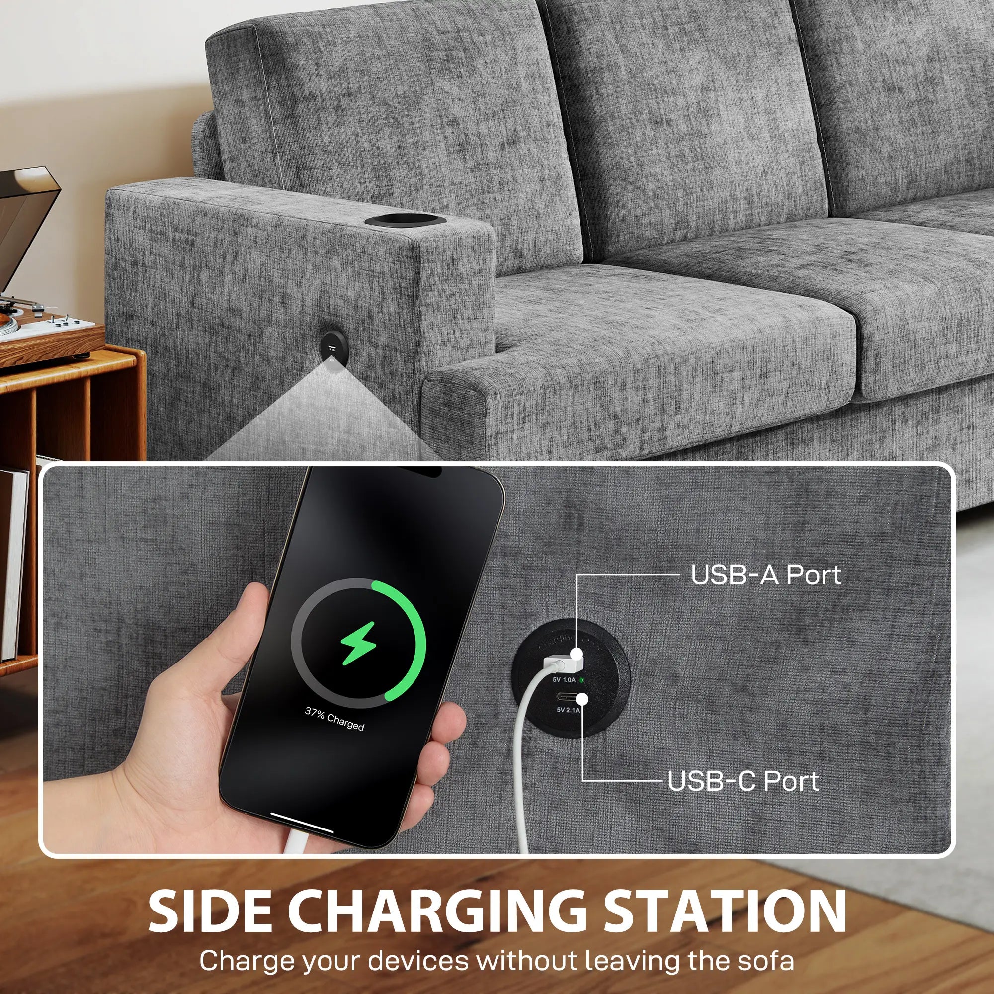 3 Seater Sofa with USB Ports, Cup Holders, Chenille Upholstery, Grey 3-Seater Sofas at Gallery Canada