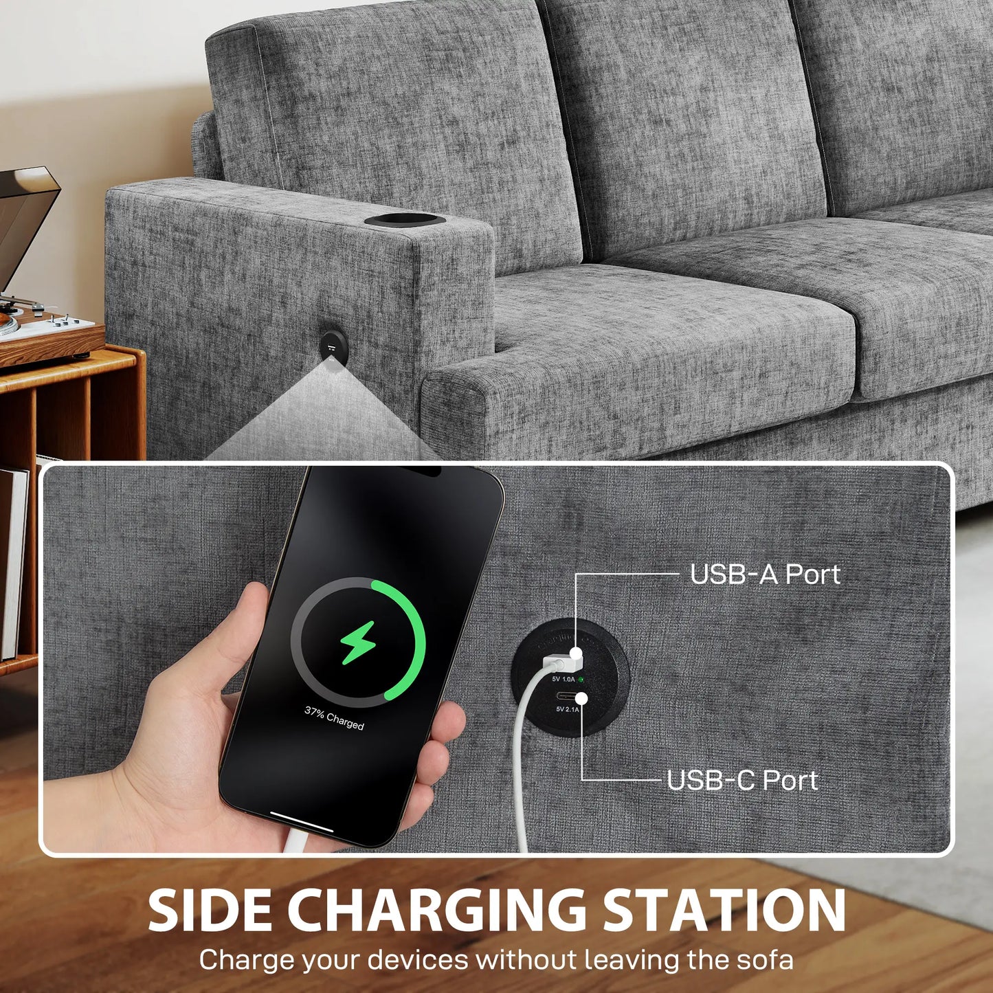 3 Seater Sofa with USB Ports, Cup Holders, Chenille Upholstery, Grey 3-Seater Sofas at Gallery Canada