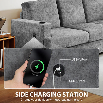 3 Seater Sofa with USB Ports, Cup Holders, Chenille Upholstery, Grey 3-Seater Sofas at Gallery Canada