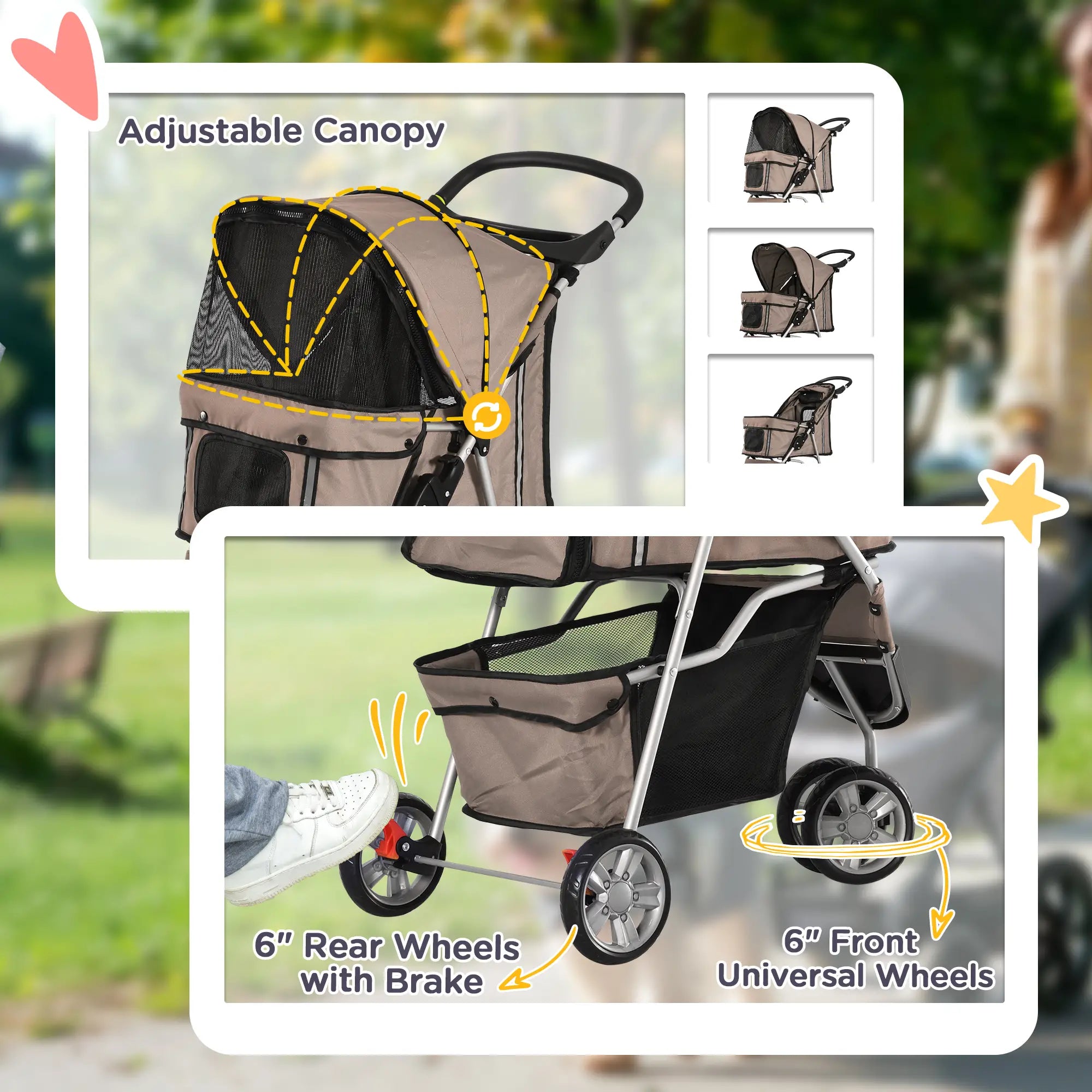 3 Wheel Foldable Cat Stroller, Storage Basket, Adjustable Canopy, Coffee Dog Bike Trailers & Strollers at Gallery Canada