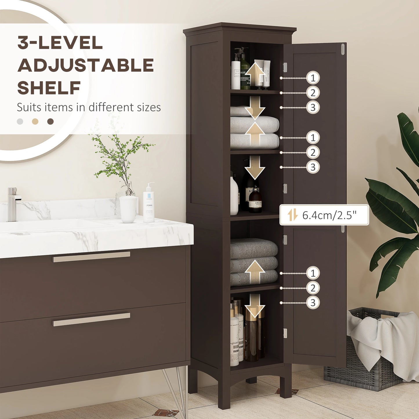 Tall Bathroom Cabinet, Freestanding Storage, Adjustable Shelves, 15" x 13" x 63", Dark Brown Bathroom Cabinets at Gallery Canada