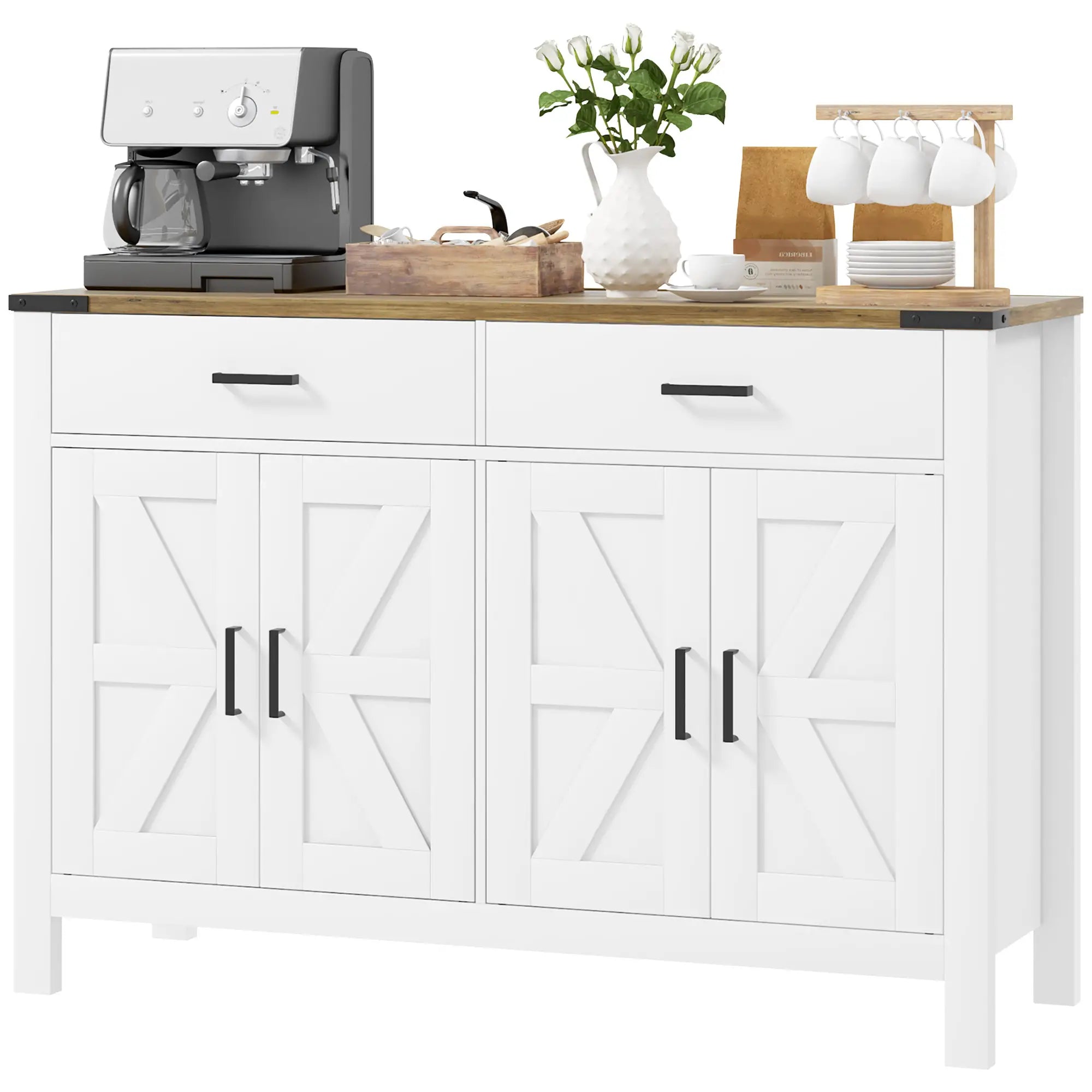 Farmhouse Buffet Cabinet, 2 Drawers, 2 Cabinets, Adjustable Shelves, White Bar Cabinets White, Brown at Gallery Canada