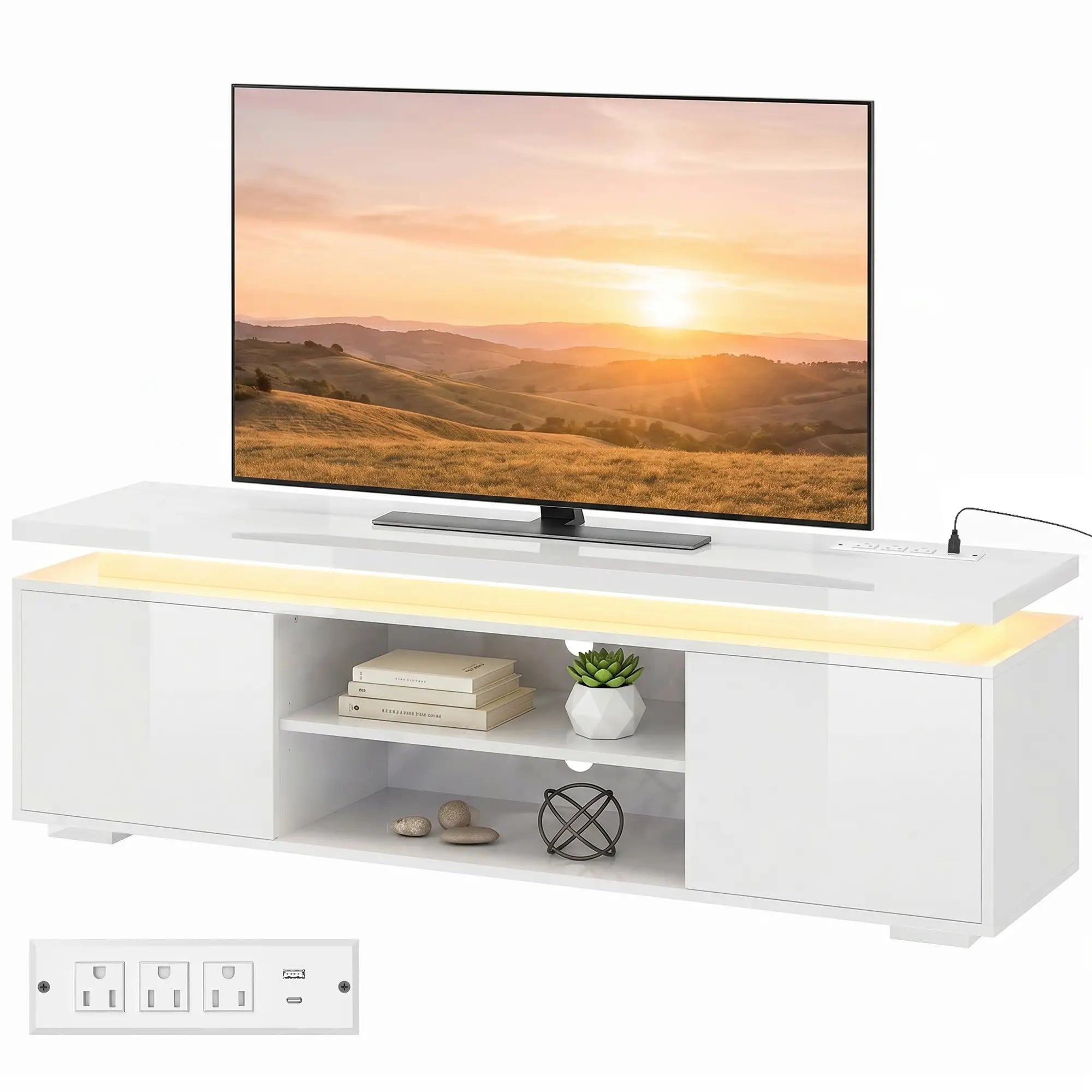 TV Stand For TVs Up To 60 In, Led Lights, Power Outlets, High Gloss White, White TV Stands High Gloss White at Gallery Canada