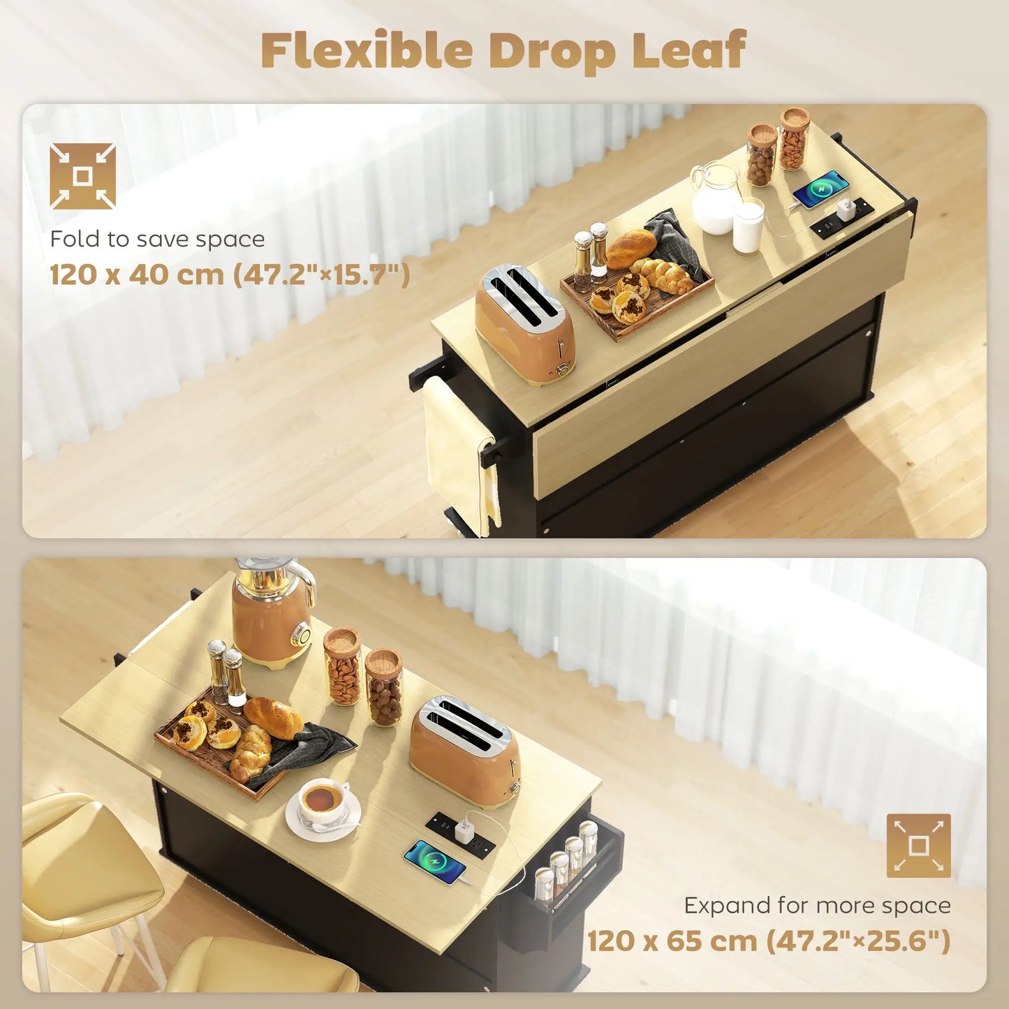 55" Kitchen Island Cart With Power Outlet, Drop Leaf, Storage, Black Kitchen Islands & Kitchen Carts at Gallery Canada