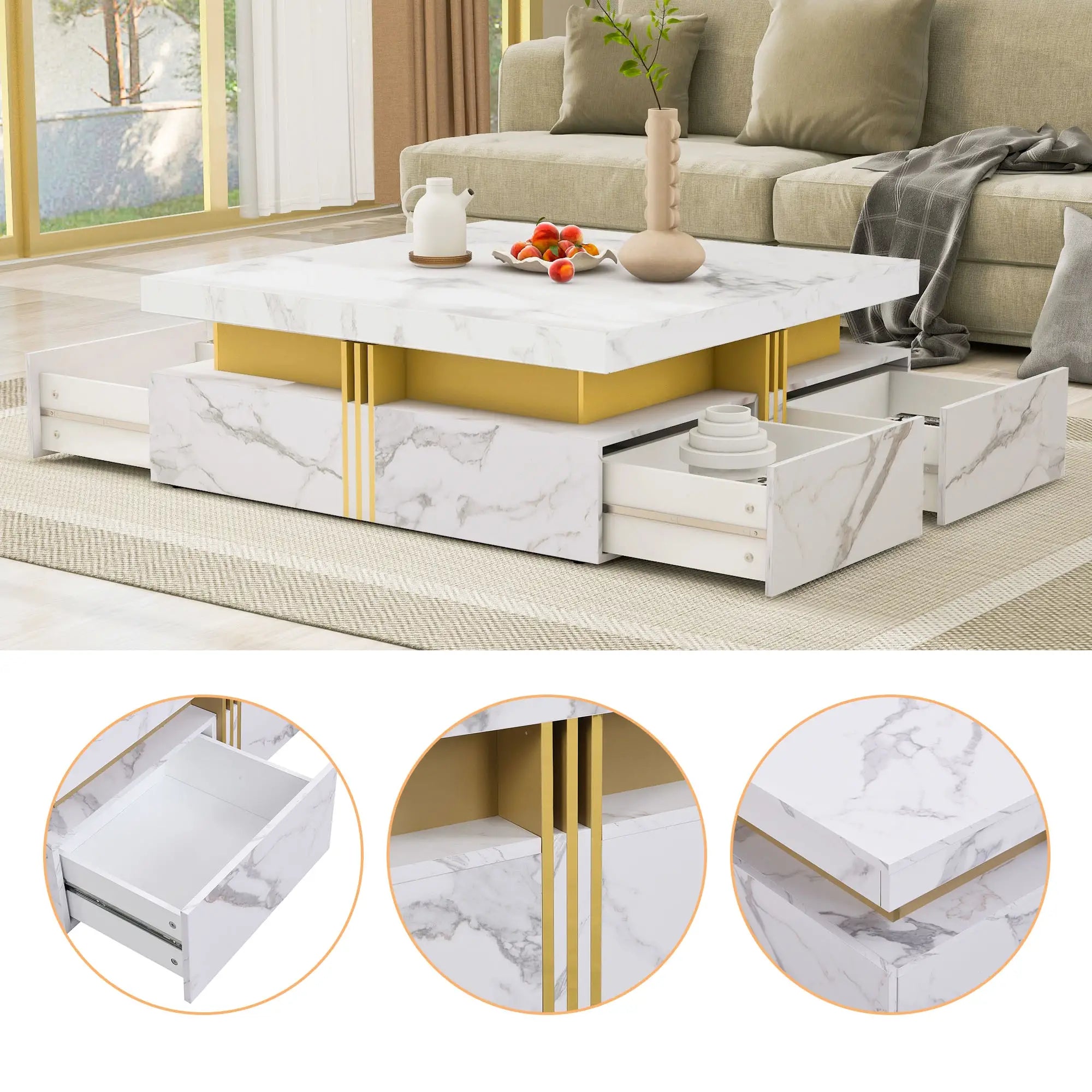 Square Storage Coffee Table, 4 Drawers, MDF, 33.5
