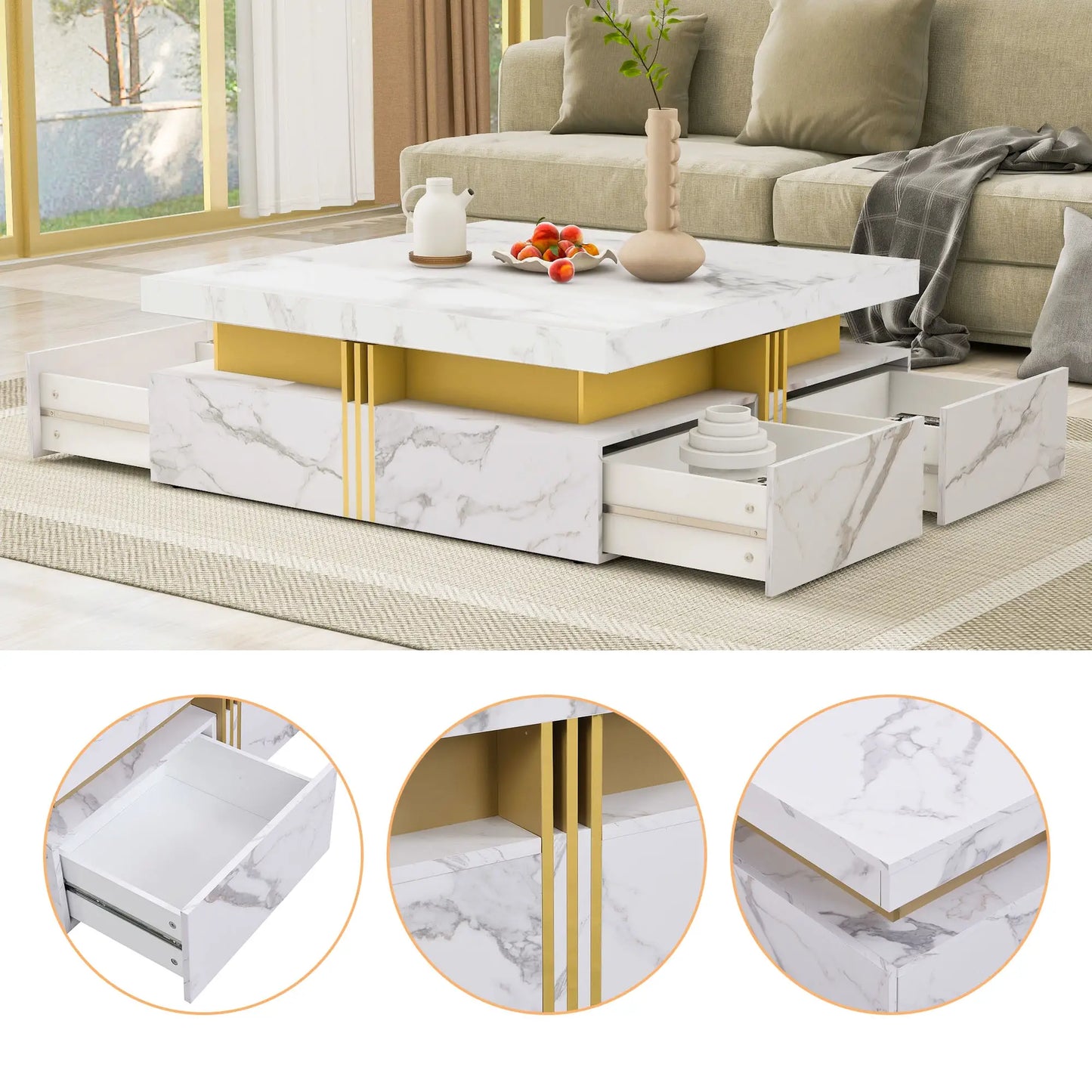 Square Storage Coffee Table, 4 Drawers, MDF, 33.5" L x 33.5" W x 16.5" H, White Coffee Tables at Gallery Canada