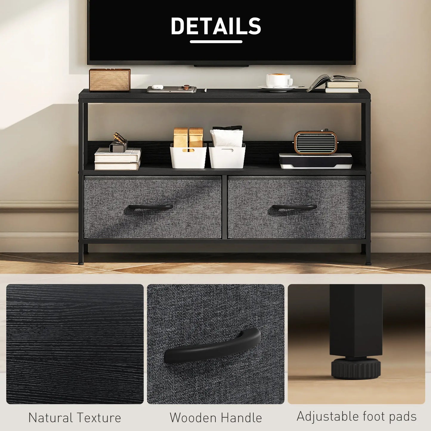 TV Stand with Charging Station, 2 Foldable Drawers, Open Shelf, 47 Inch, Black TV Stands at Gallery Canada