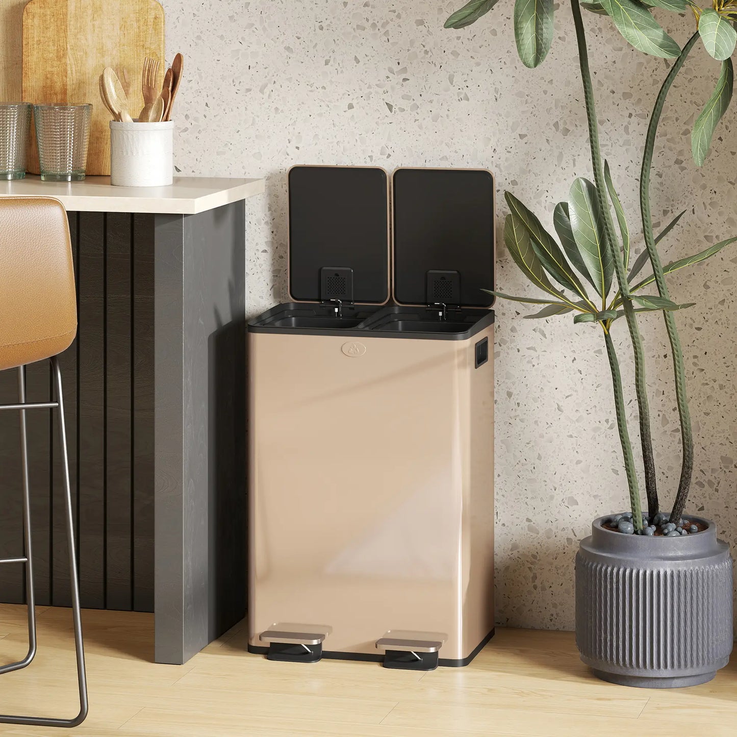 Dual Garbage Bin, Soft-Close Trash Can with Foot Pedal, 2 x 28 Liter Garbage Can with Removable Inner Buckets, Gold Household Supplies at Gallery Canada
