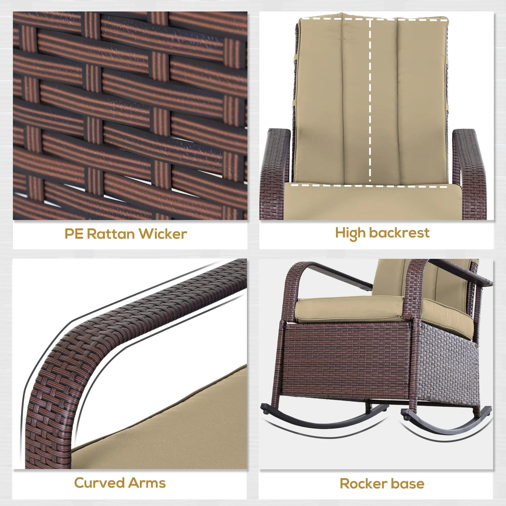 Outdoor Wicker Rocking Chair, PE Rattan Recliner with Cushion, Adjustable Footrest, Khaki Outdoor Rocking Chairs at Gallery Canada