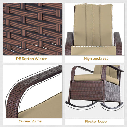 Outdoor Wicker Rocking Chair, PE Rattan Recliner with Cushion, Adjustable Footrest, Khaki Outdoor Rocking Chairs at Gallery Canada