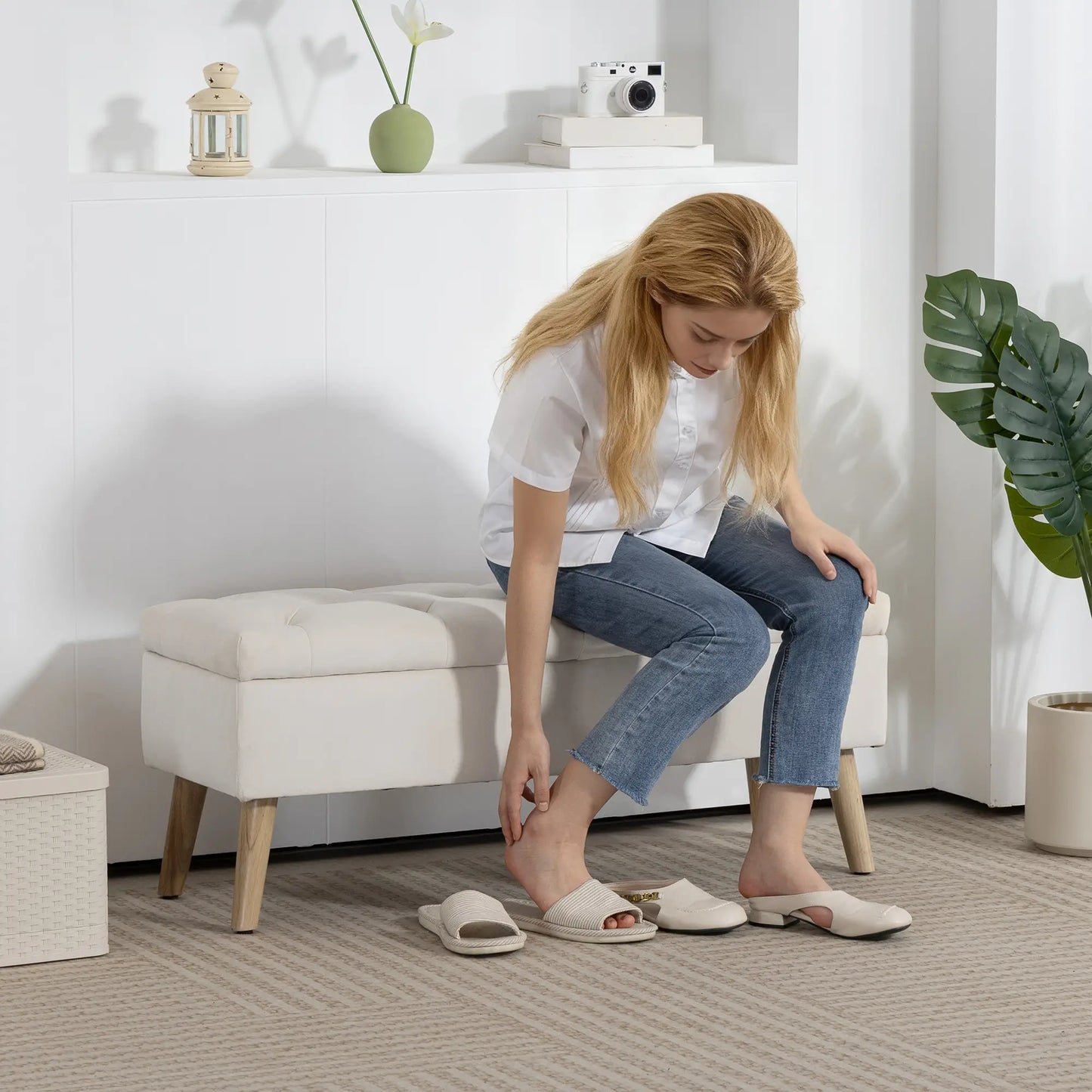 Storage Ottoman With Lid, Velvet Bench, Cream White Storage Ottomans & Benches at Gallery Canada